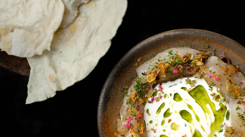 Fish  crudo  sour cream lacto fermented celery