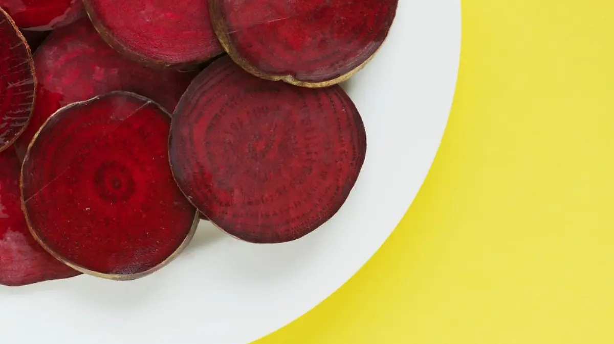 Round textured slices of beetroot on a plate