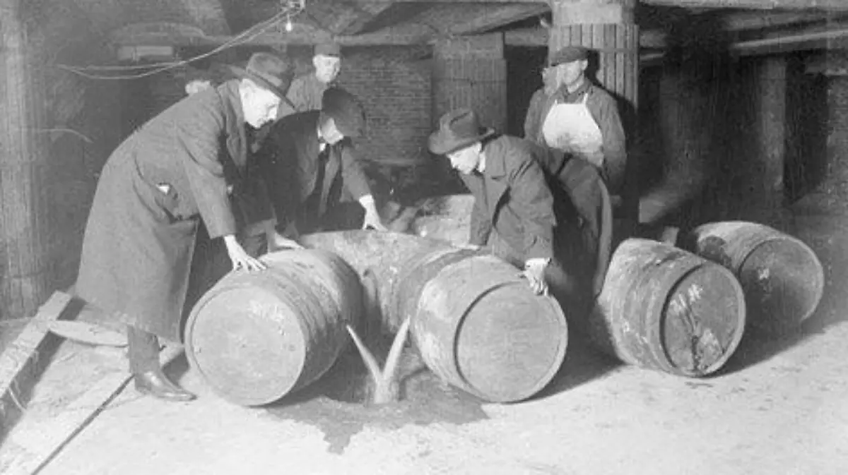 Prohibition agents destroying barrels of alcohol United States prohibition era