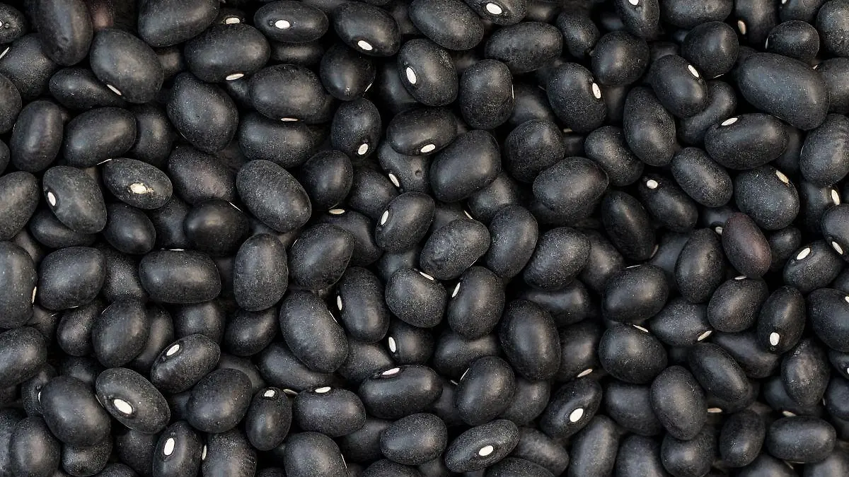 primer plano frijoles negros crudos sobre mesa luces 123