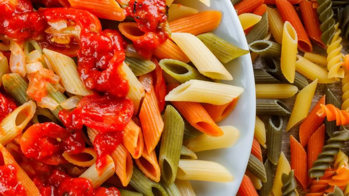Penne pasta with sauce, tomato in a plate on scattered pasta background, close up.