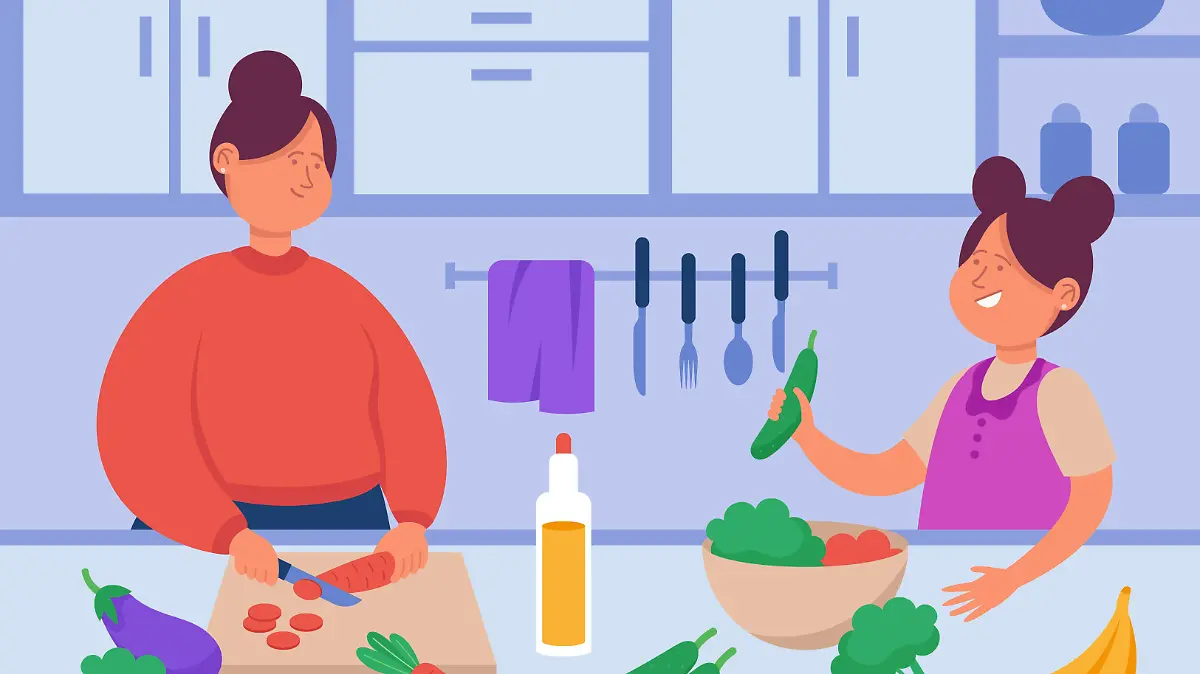 Cartoon mother and daughter cooking together in kitchen