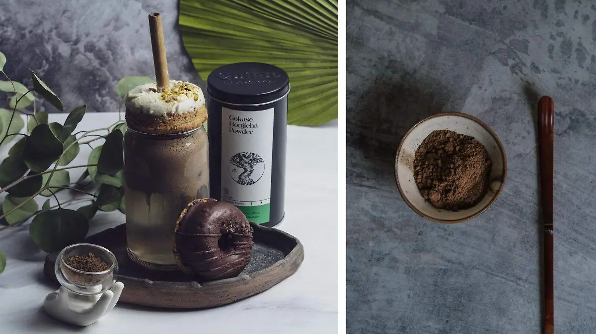 Houjicha pulverizado, un té japonés elaborado a partir de hojas tostadas de Camellia sinensis.