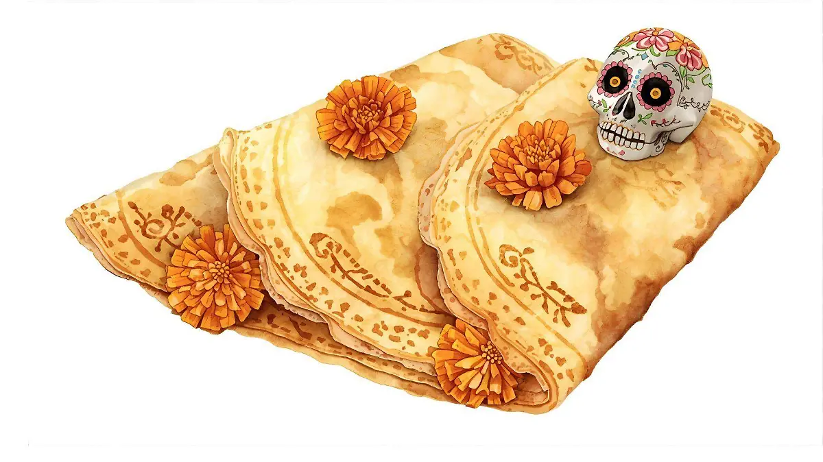 Las crepas de pan de muerto reinventan el desayuno con un relleno de crema y migas suaves bañadas en miel o cajeta.
