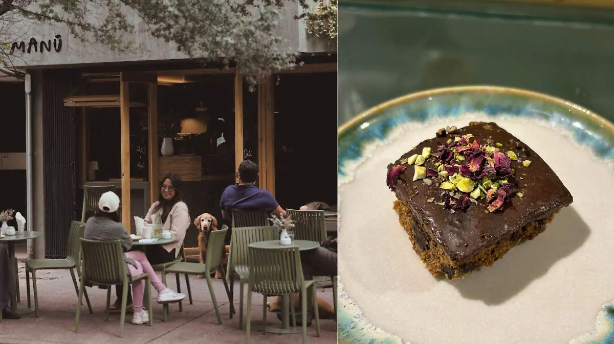 En Manū Bocado Libanés, el brownie se reinterpreta con camote rostizado, chocolate mexicano al 80% y un toque de pétalos de rosa.