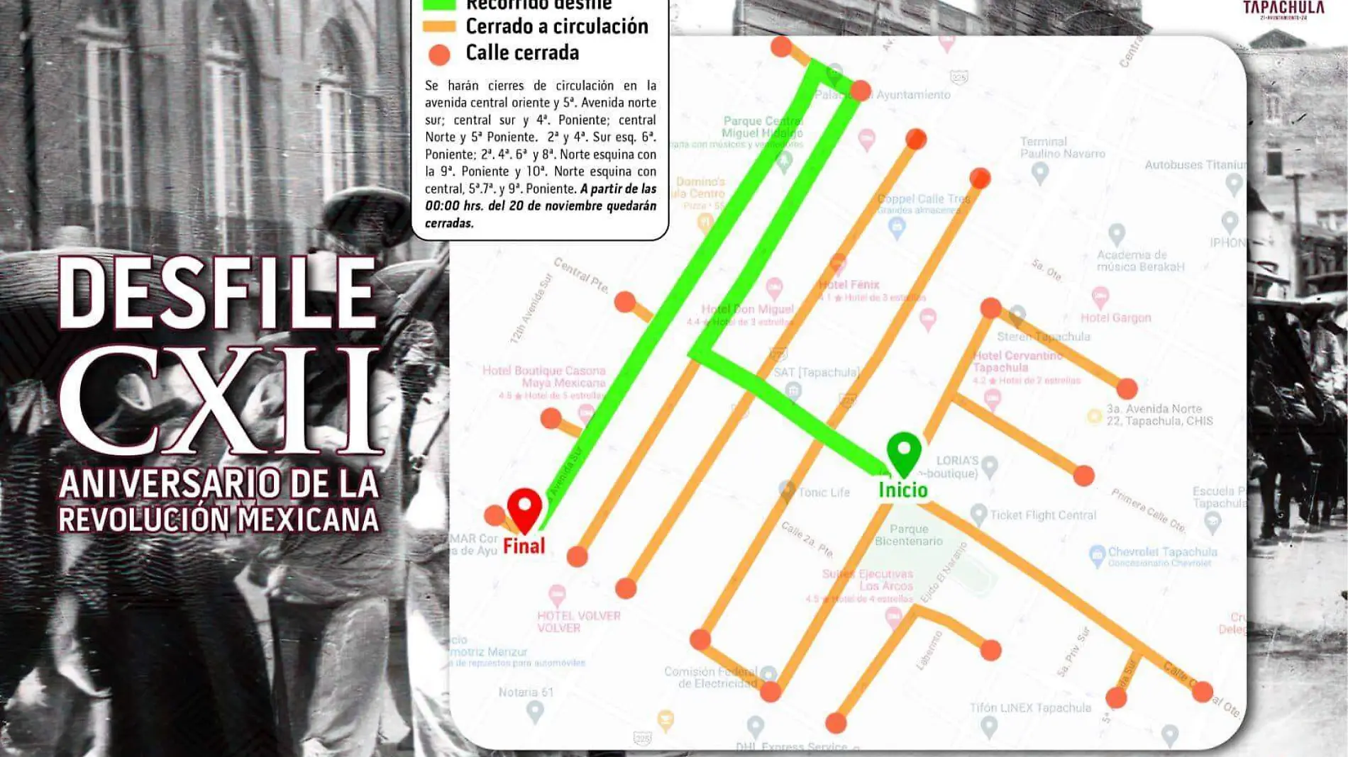 Mapa del recorrido desfile 20 de noviembre Tapachula