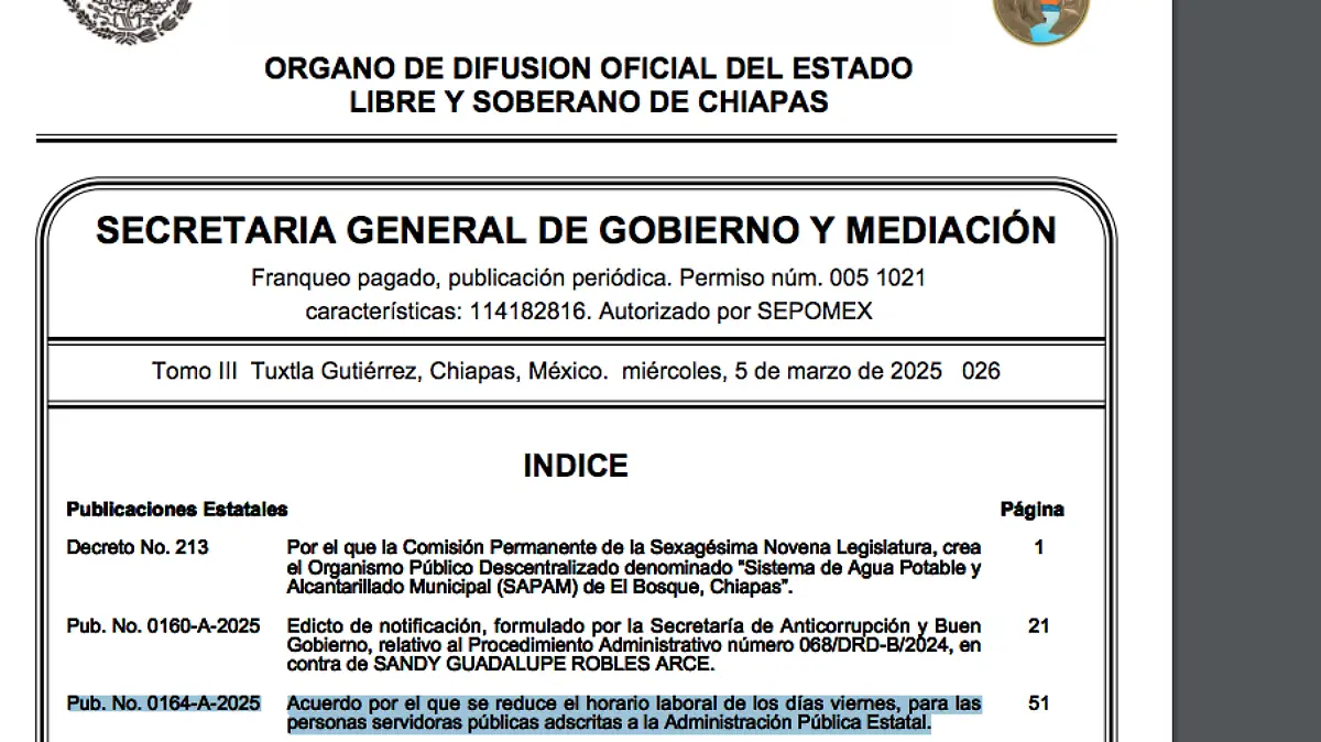acuerdo de reducción de horario en chiapas