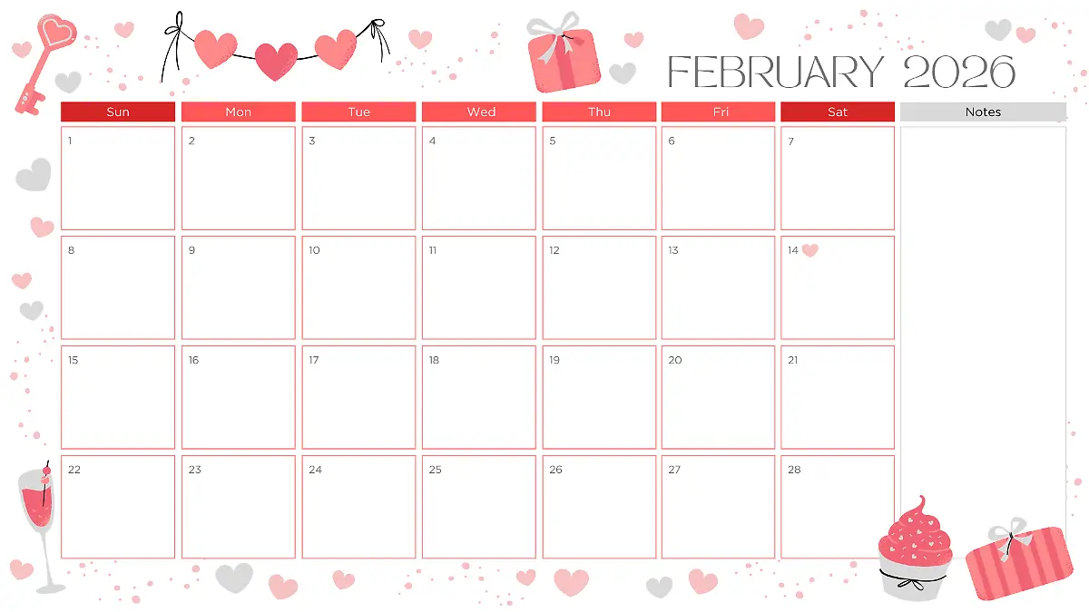 Pink Grey Festive Illustrated Valentine's Day Decor February 2026 Monthly Calendar