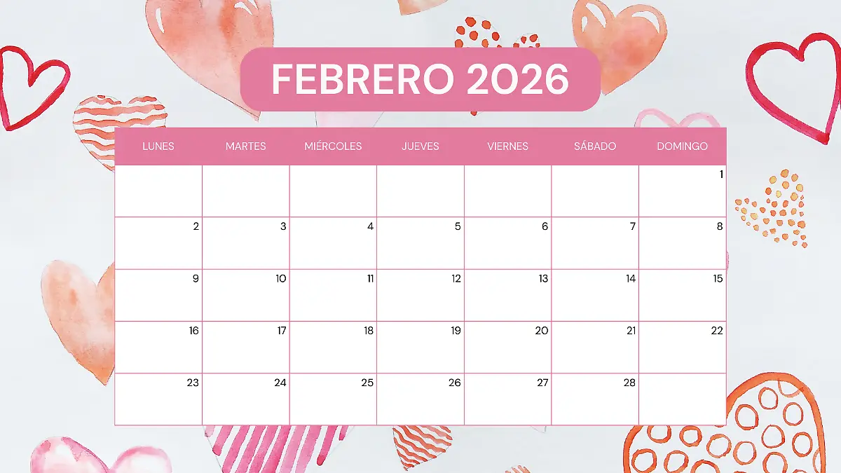 Calendario Febrero 2026 Fotográfico Rosa y gris