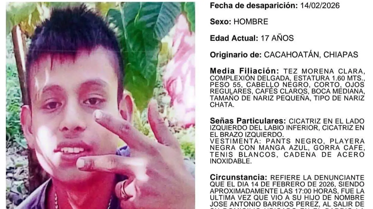 Menor desaparecido en  Cacahoatán 