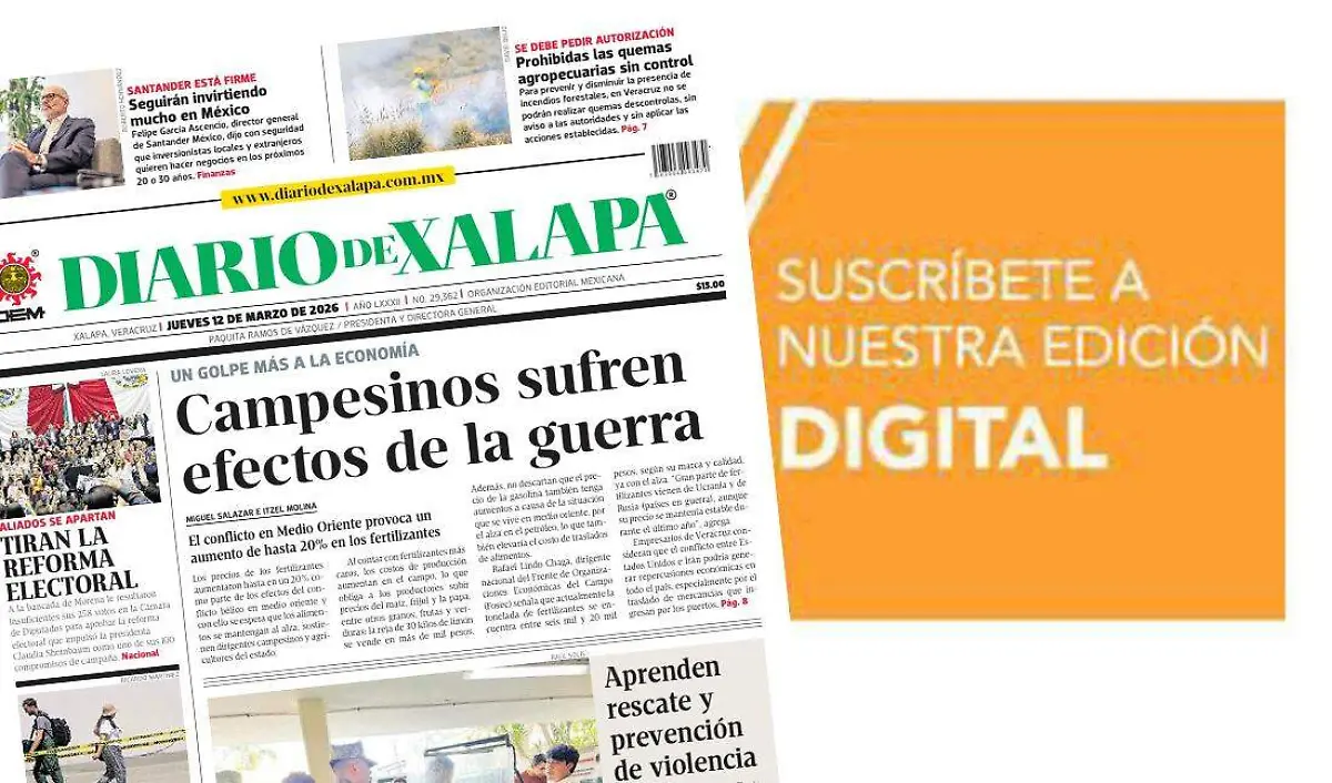 Portada Diario de Xalapa Jueves, 12 de marzo 2026