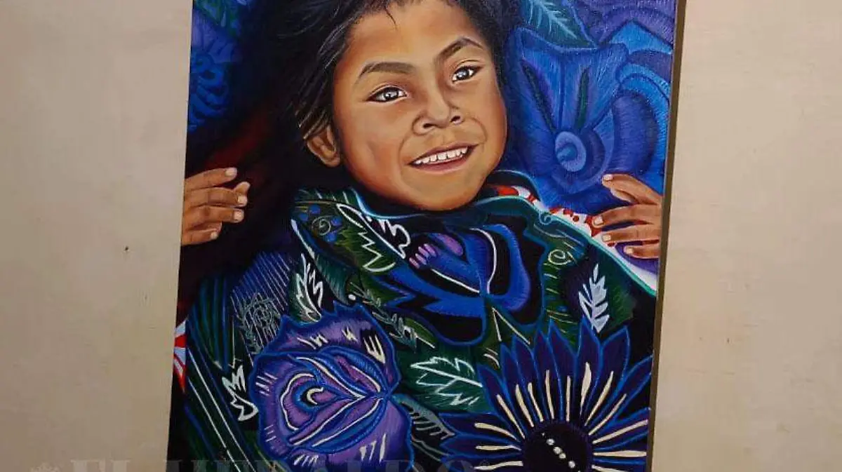 Pintura de niña con flores azules