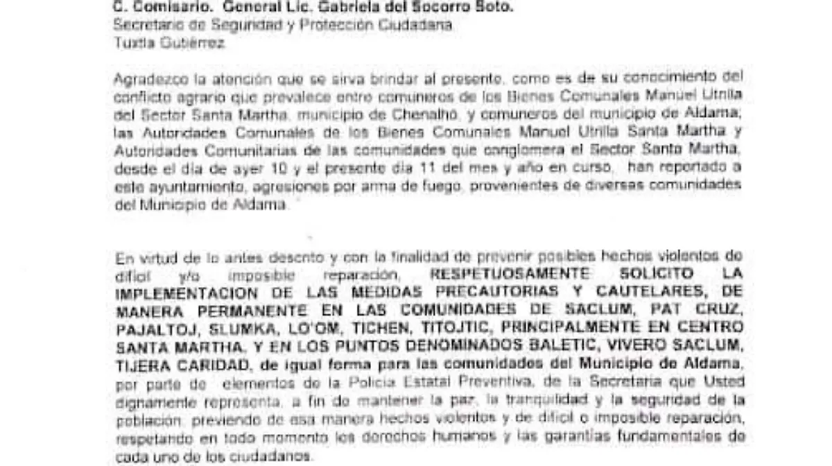 oficio alcalde Chenalhó