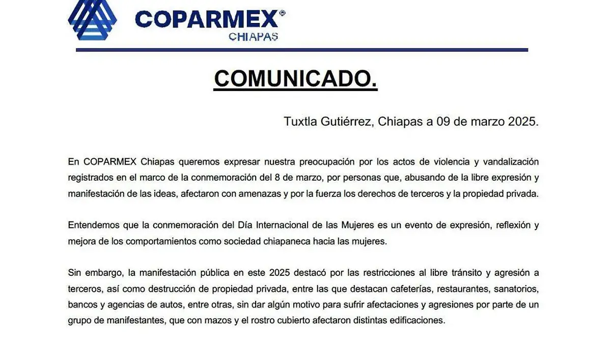 Comunicado Coparmex 8M Chiapas