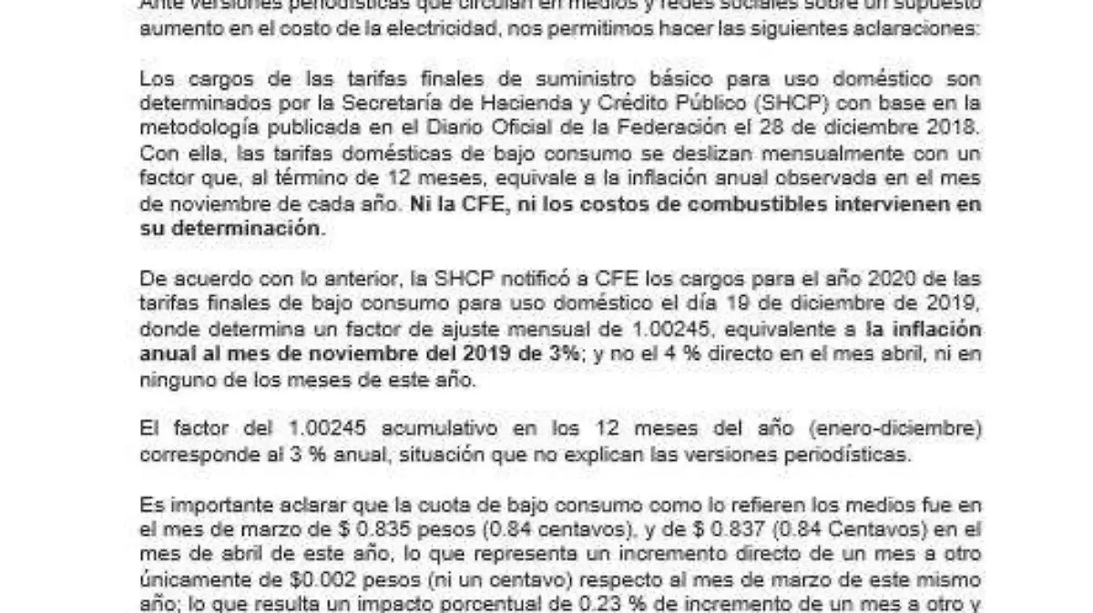 Desmienten supuesto aumento a las tarifas eléctricas: CFE