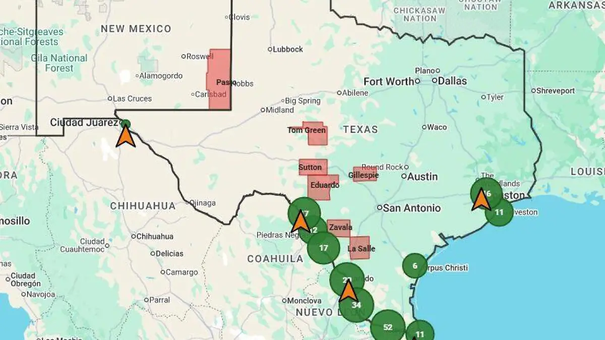 mapa texas gusano