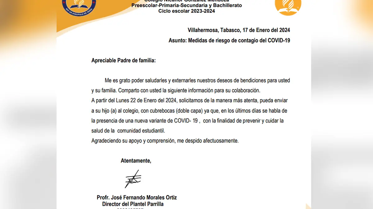 Comunicado de escuela/uso del cubrebocas