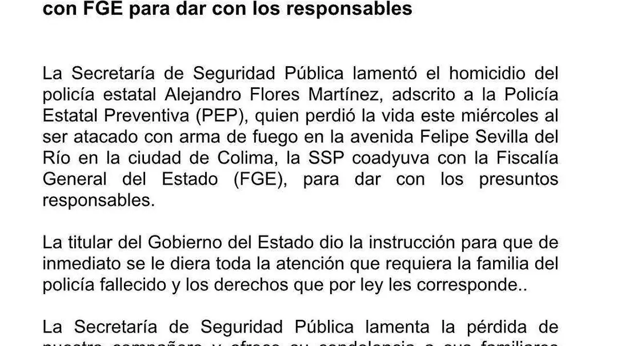 Boletín Gobierno de Colima muerte elemento policía