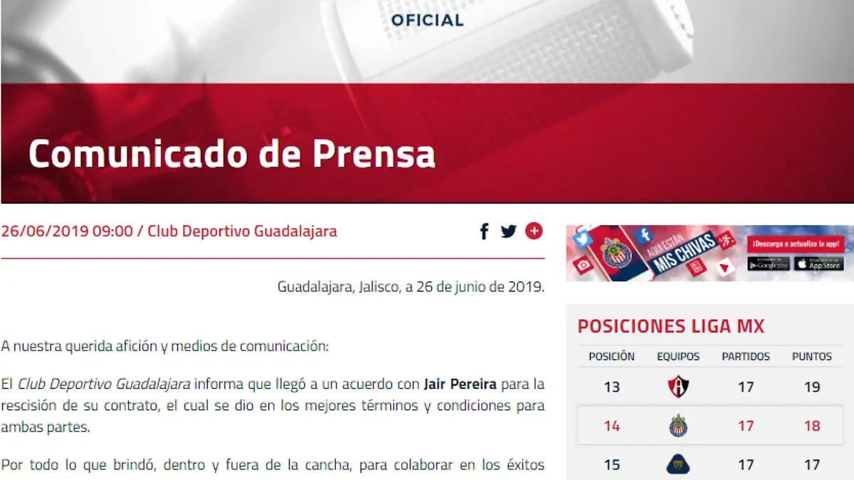 Salida de pereira de Chivas