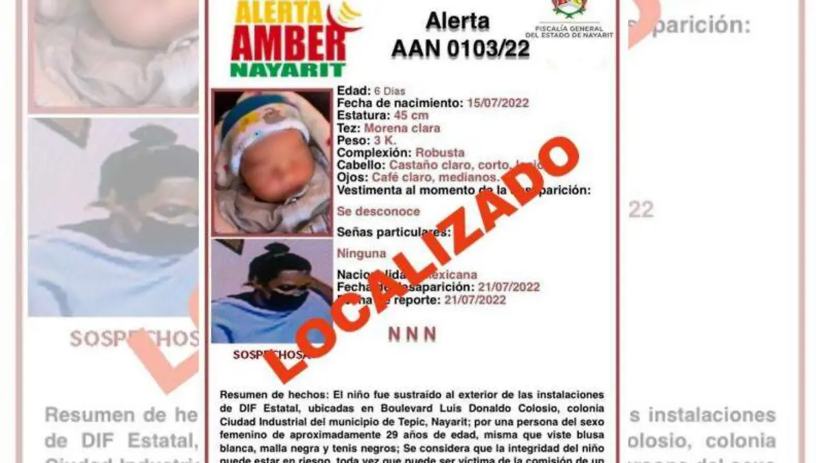 Raptan a bebé de 6 días