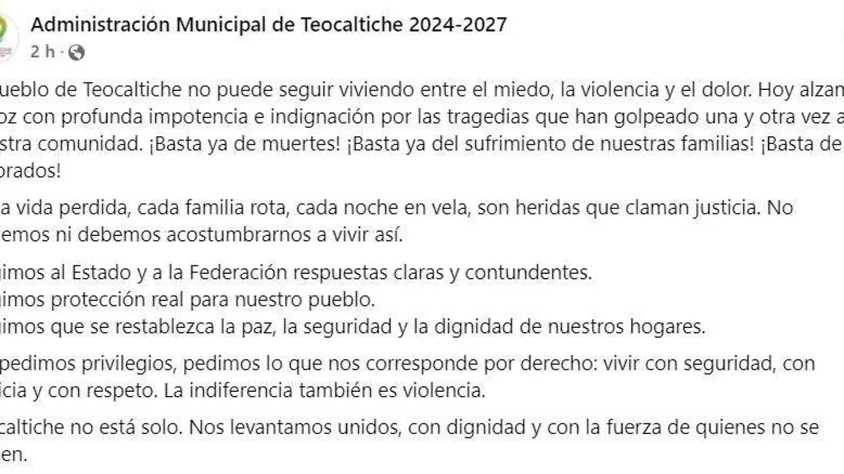 Comunicado Teocaltiche muerte comisario