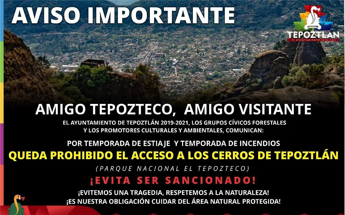 Prohiben acceso a Tepoztlán Aviso Ayuntamiento de Tepoztlán