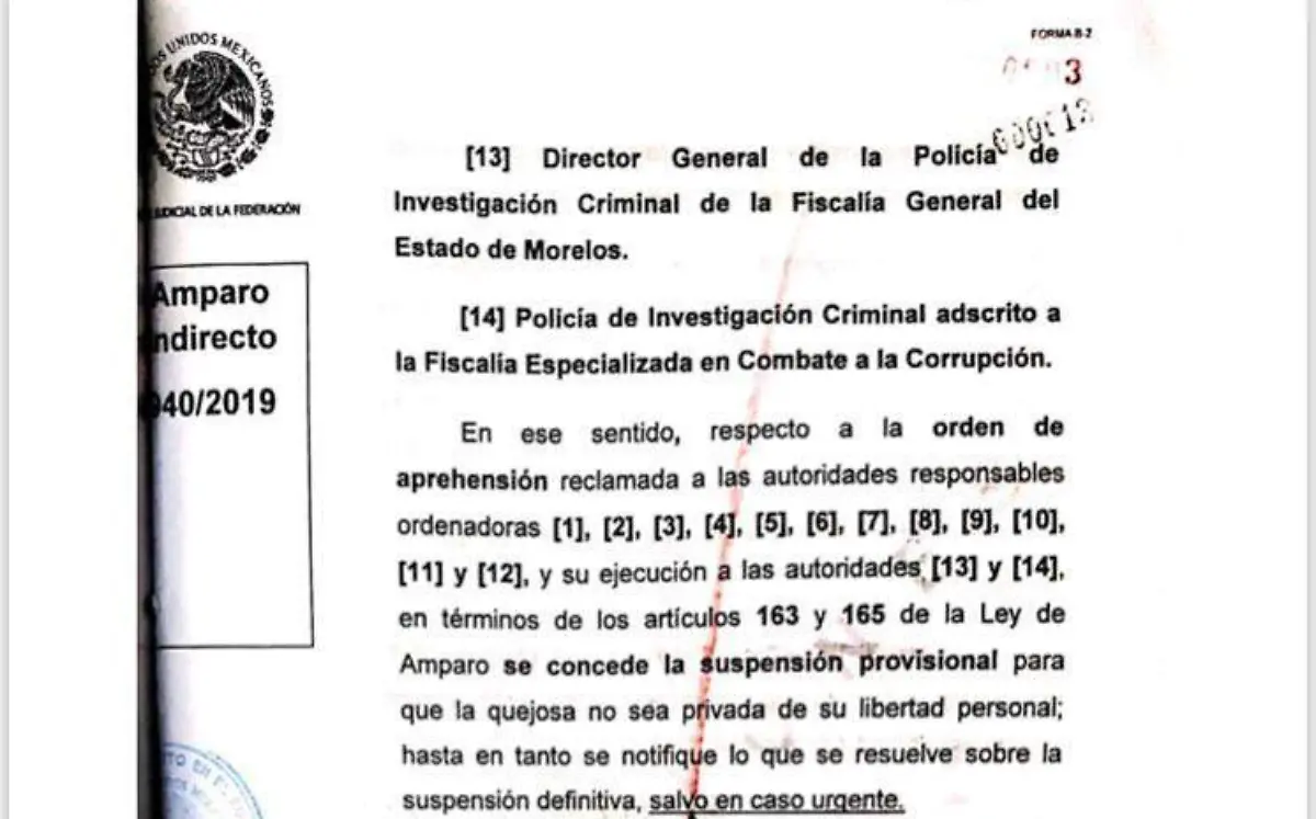 Amparo detiene orden de aprehensión