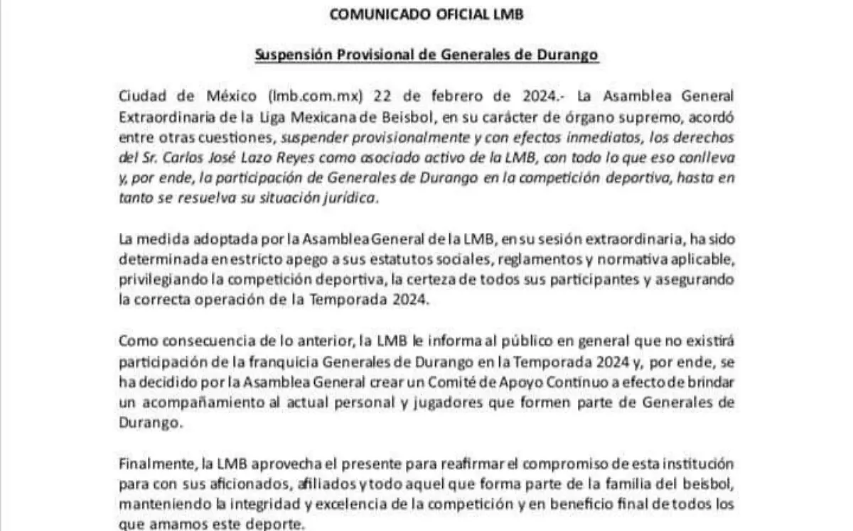 ¡Oficial!, Generales de Durango fuera de la LMB