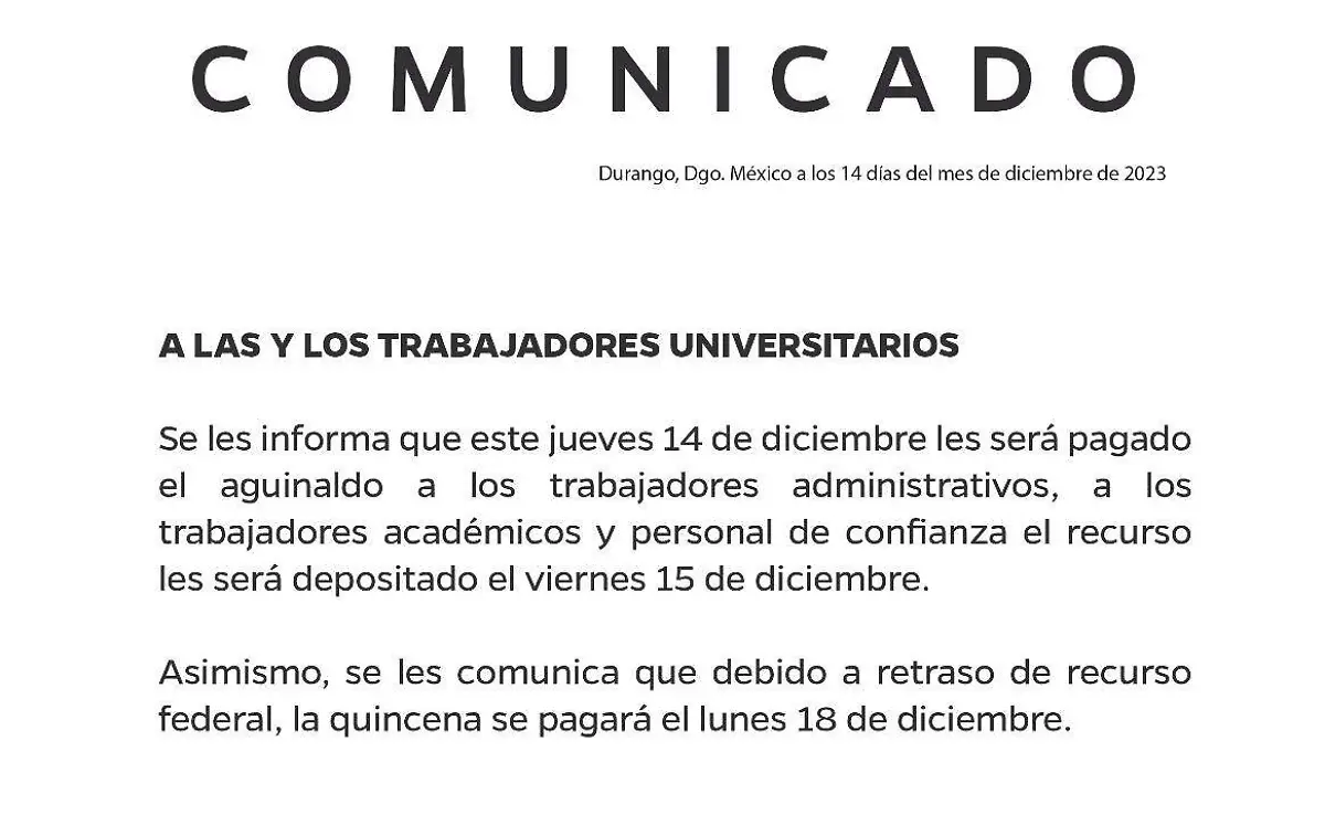 Comunicado: UJED inicia hoy con el pago de aguinaldos 2023