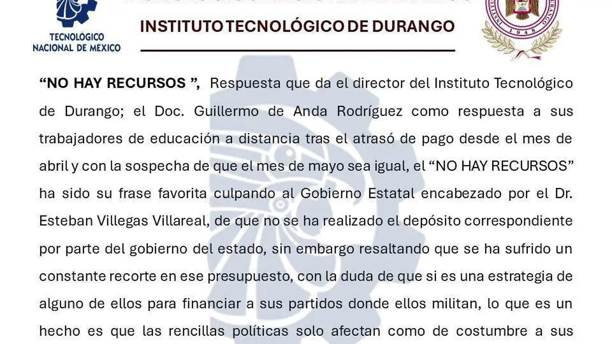 Denuncian docentes de educación a distancia del ITD retraso en su pago