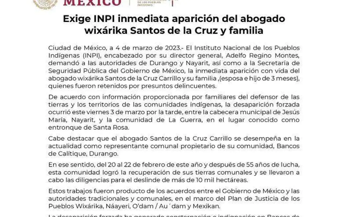 Comunicado aparece abogado wixárika