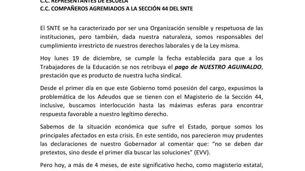 Comunicado Sección 44 del SNTE