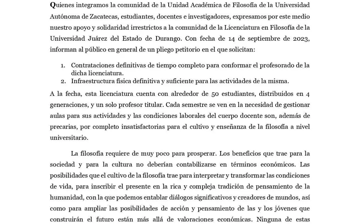 Comunicado Se solidariza UAZ con docentes de Filosofía de la UJED 2023