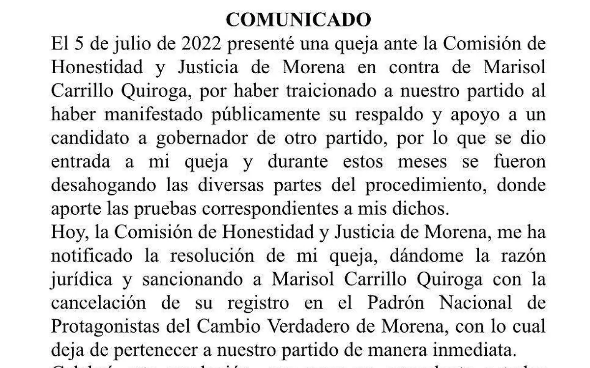 Cancelan el registro de Marisol Carillo como militante de Morena