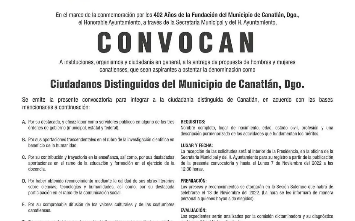 Reconocerá Ayuntamiento de Canatlán a ciudadanos distinguidos
