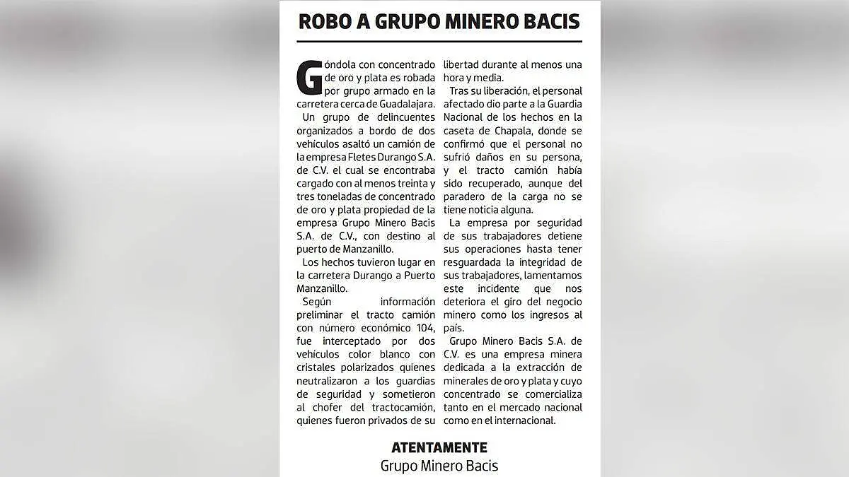 Comando roba camión a Minera Bacis de Durango