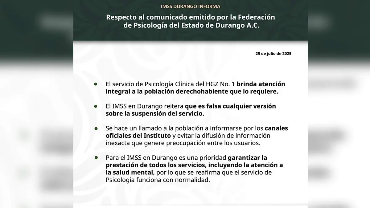 IMSS Durango afirma que el servicio de psicología funciona con normalidad