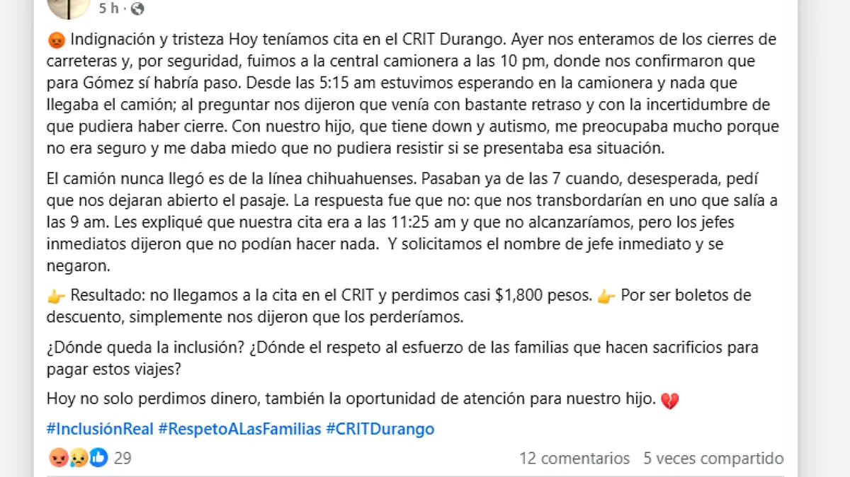 Niño duranguense pierde su cita en el CRIT por cierre de carreteras ante el paro nacional