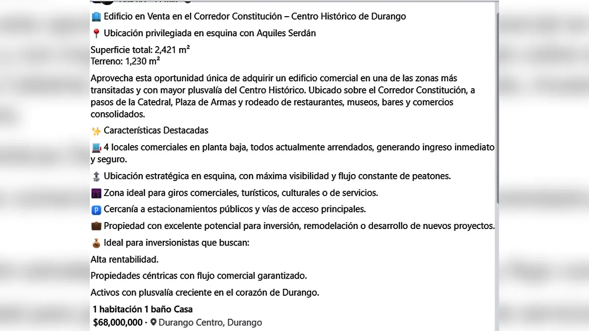 Venden edificio del Centro Histórico de Durango en 68 millones de pesos