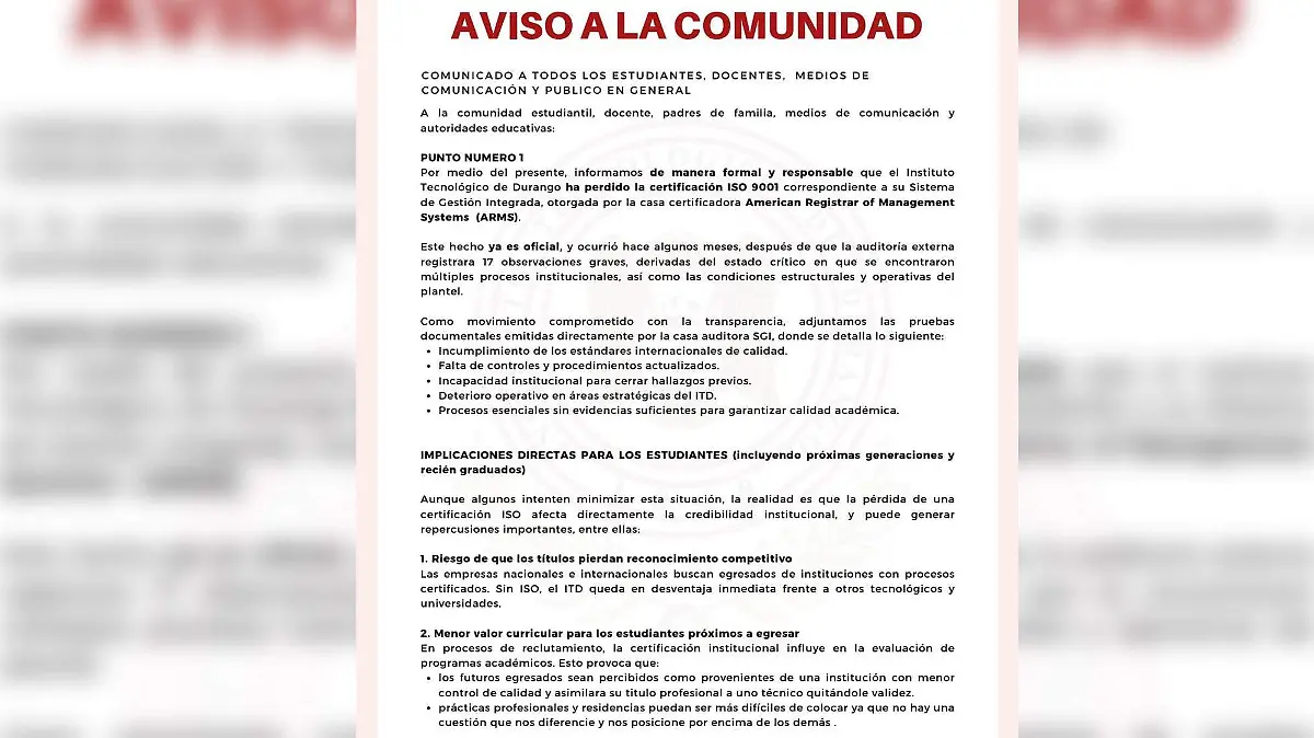Instituto Tecnológico de Durango pierde certificación ISO 
