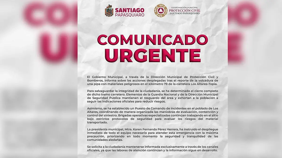 Vuelca pipa con materiales peligrosos en carretera de Santiago Papasquiaro 
