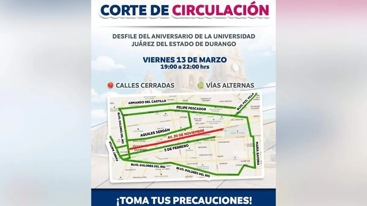Cerrarán vialidades del centro de Durango este viernes; tome precauciones