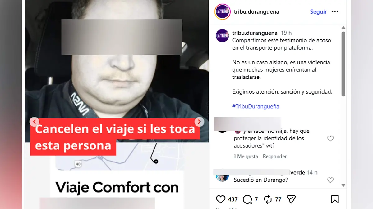 Conductor de plataforma acosó a usuaria con bebé en brazos durante viaje en Durango 
