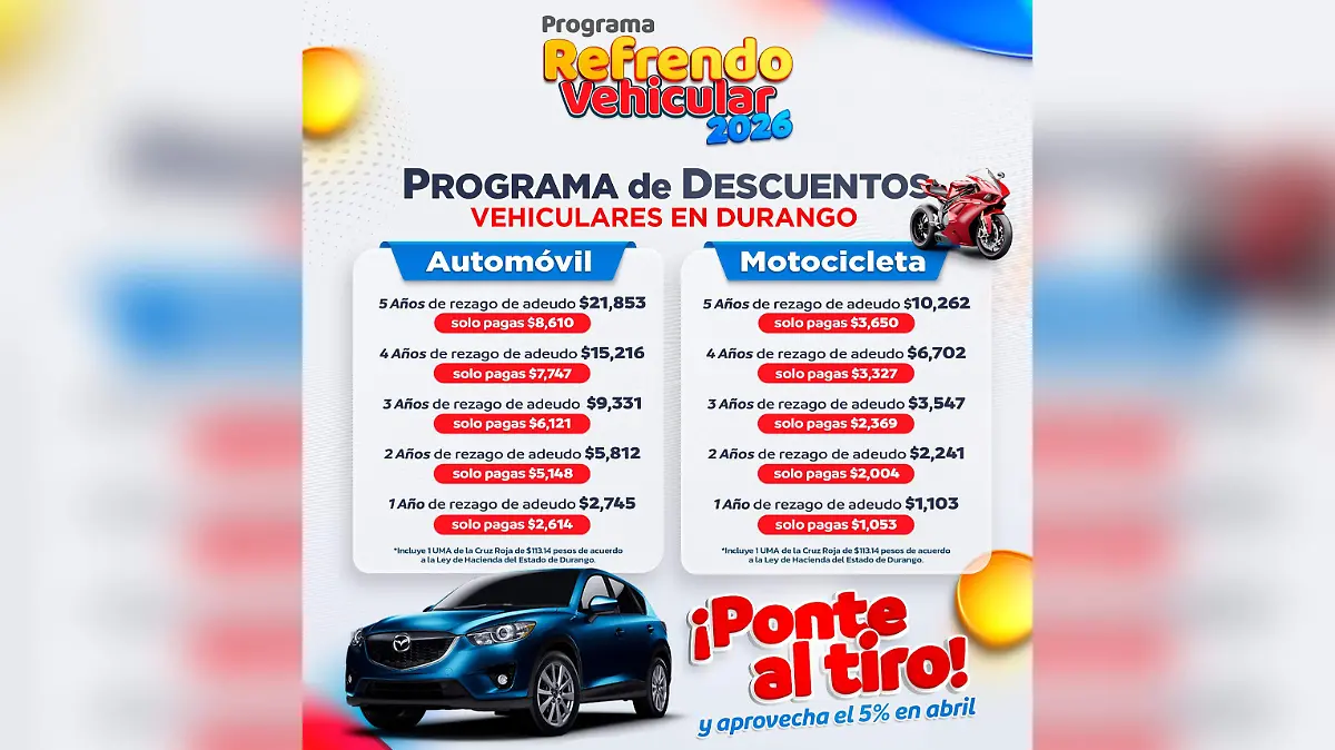 Hay descuento en refrendo vehicular durante abril en Durango
