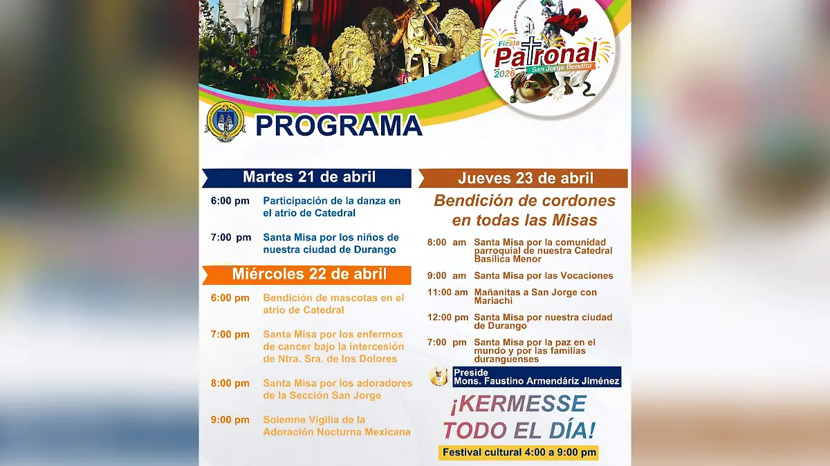 Anuncian programa de la celebración de San Jorge Bendito en Catedral de Durango