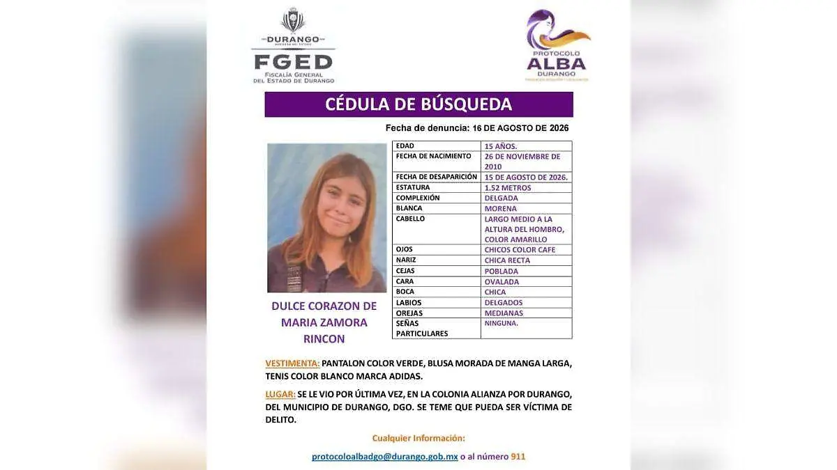 Buscan a adolescente de 15 años Dulce Corazón de María Zamora Rincón