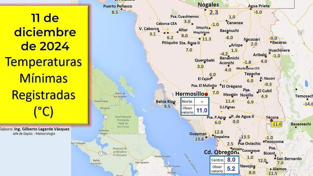 Temperatura mínimas registradas el 11 de diciembre