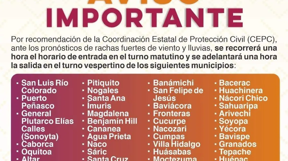 Municipios donde se modificará horario escolar