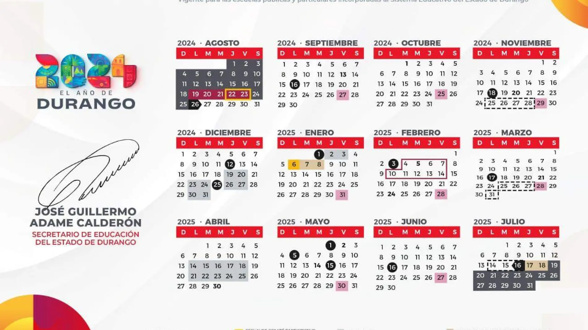 Calendario escolar 2024-2025 en Durango