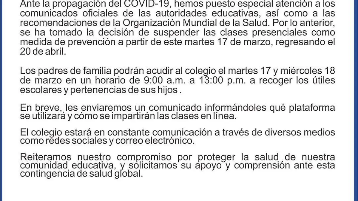 Colegio Cervantes de Torreón comunicado coronavirus